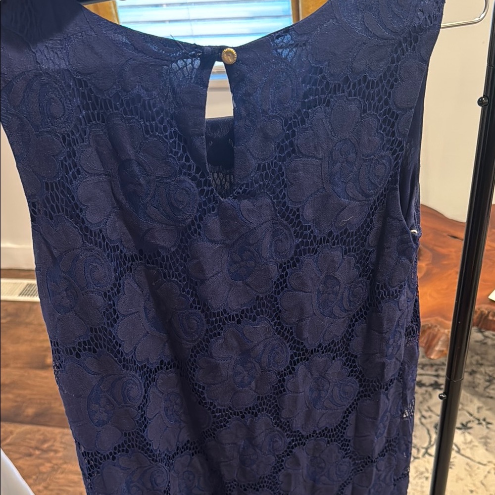Buttons Blue Sleeveless Mini Dress with Lace - Picture 3 of 7